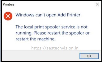 windows can't open add printer