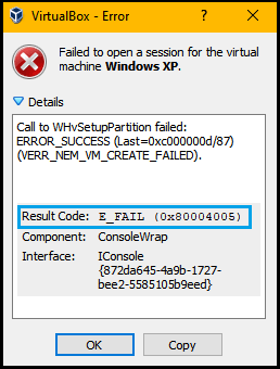 VirtualBox E_FAIL (0x80004005)