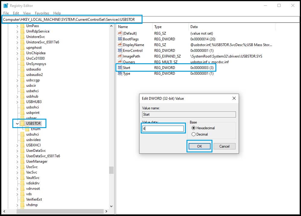 Disable a USB Drive Using the Registry