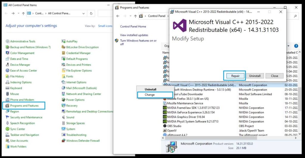  Repair Microsoft Visual C++ 2015 Redistributable