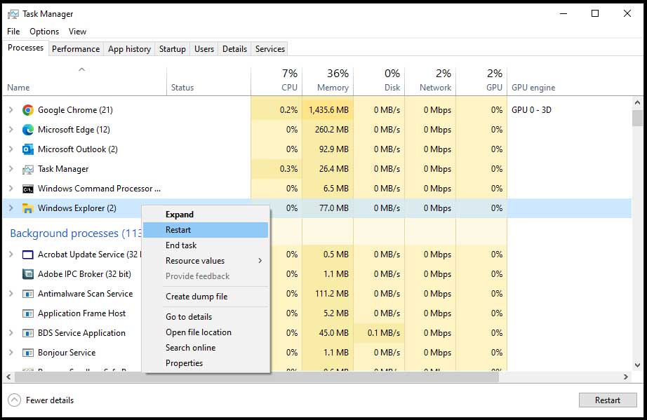 Restart Windows Explorer Process to fix start menu not working