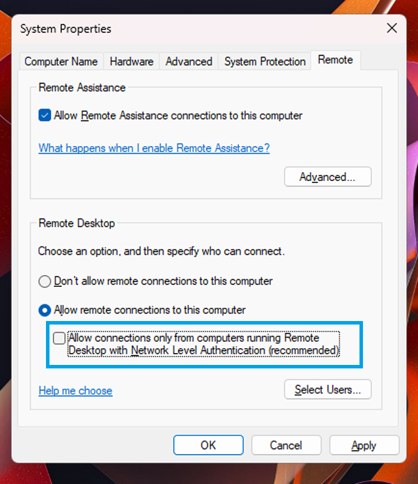 Allow connections only from computers running Remote Desktop with Network Level Authentication