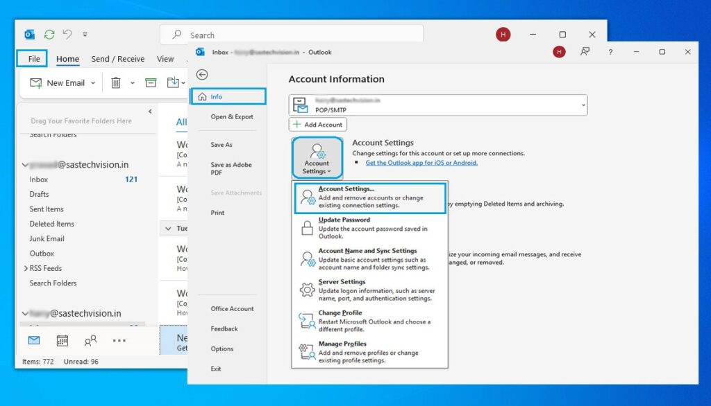 Open Outlook Setting to Fix An unknown error occurred, error code 0X800ccc0e.jpg