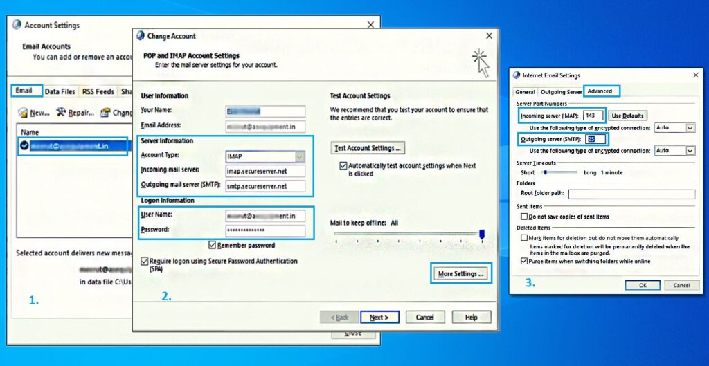 email settings to Fix An unknown error occurred, error code 0X800ccc0e