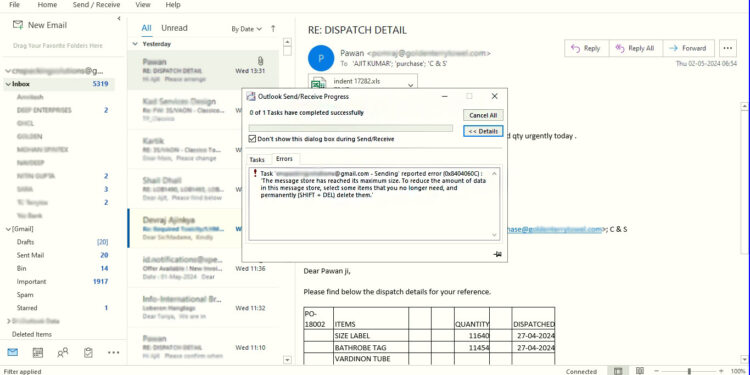Outlook Error The message store has reached its maximum size
