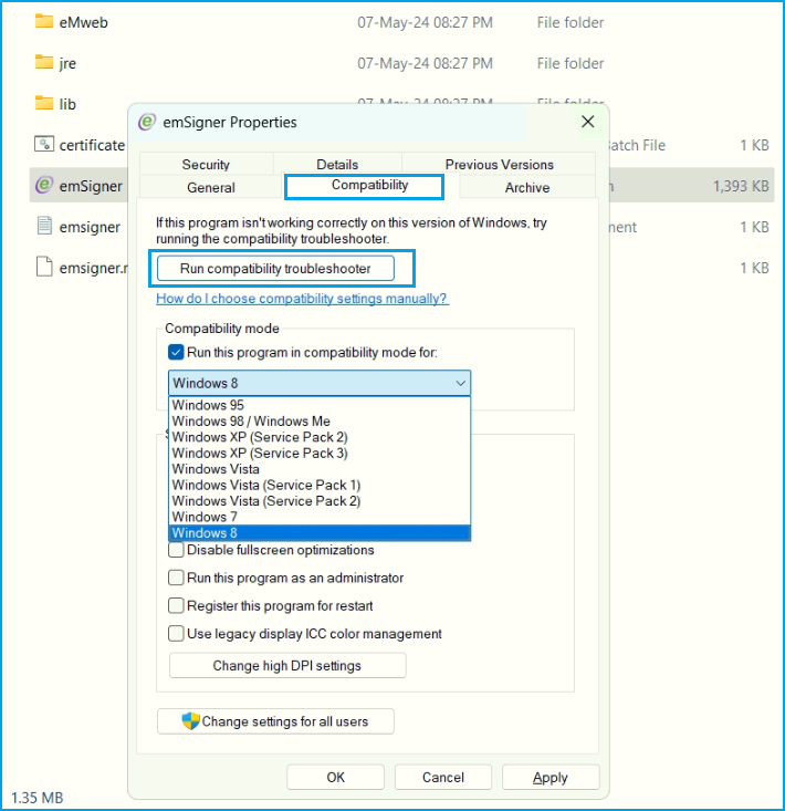 Run Compatibility Troubleshooter to fix failed to start emsigner